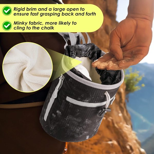 Chalk Bag for Rock Climbing and Bouldering - Bucket with 2 (65g) Chalk Balls, 2 Waterproof Zipper for Gymnastics, , and Lifting (Large) - Image 2