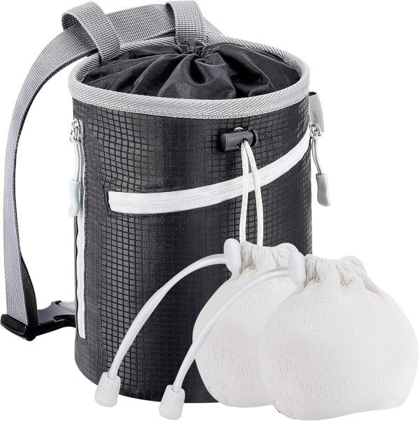 Chalk Bag for Rock Climbing and Bouldering - Bucket with 2 (65g) Chalk Balls, 2 Waterproof Zipper for Gymnastics, , and Lifting (Large)